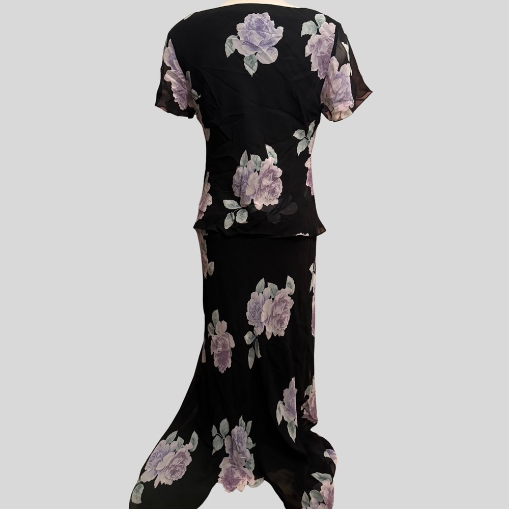 Spenser Jeremy 100% Silk Floral Dress Size 10 Black Purple Elegant Sheer Overlay - Picture 2 of 4